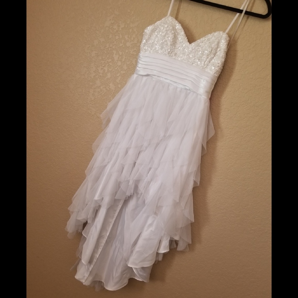 Strapless white dress.